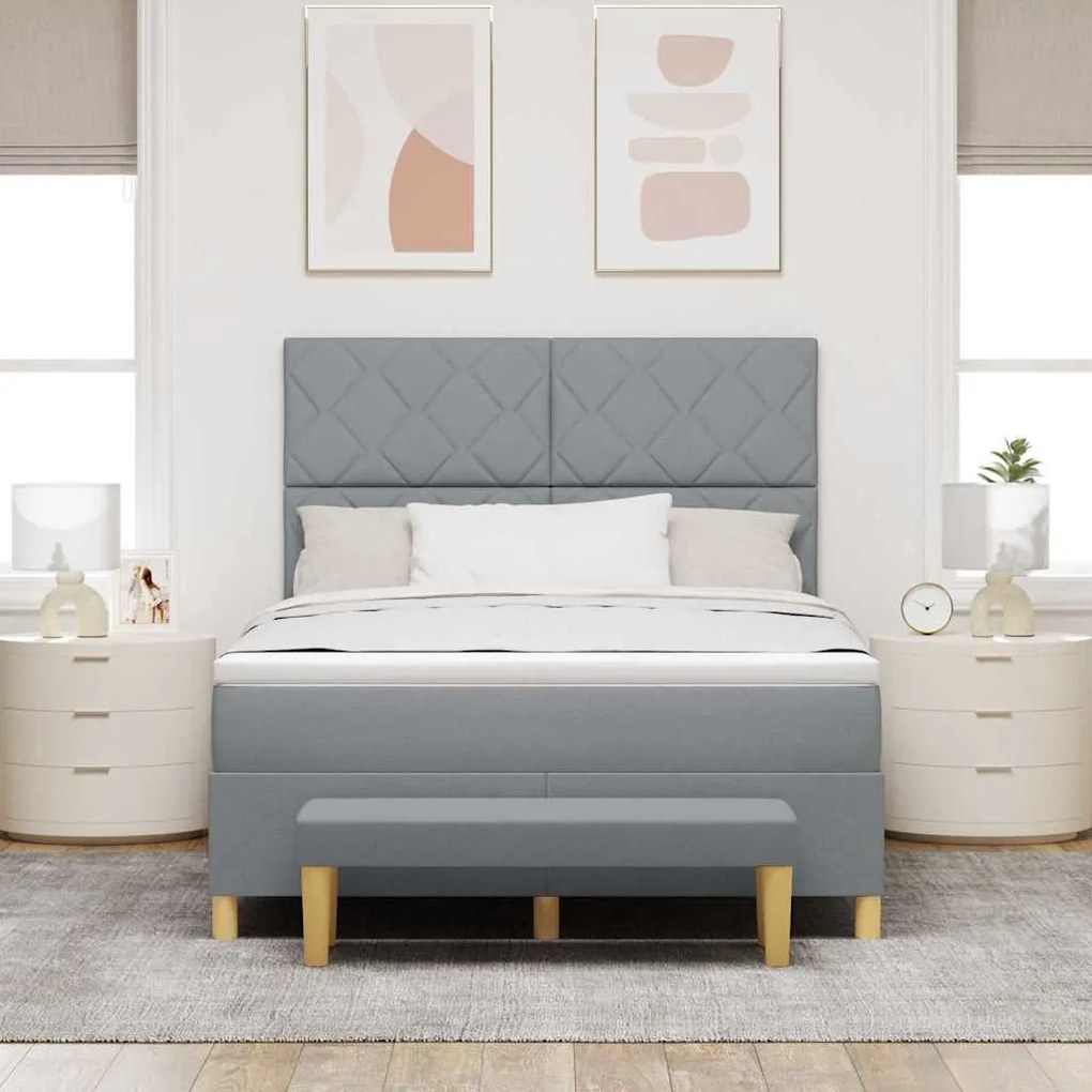 Cama Box com Colchão e Banco Cinza Claro 140x200 cm Tecido