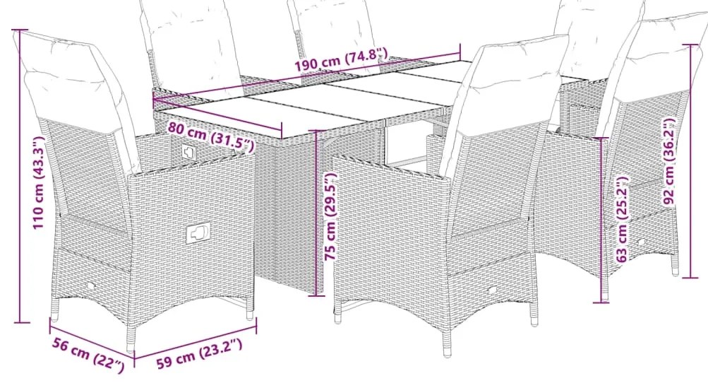 7 pcs conjunto bistrô de jardim c/ almofadões vime PE castanho
