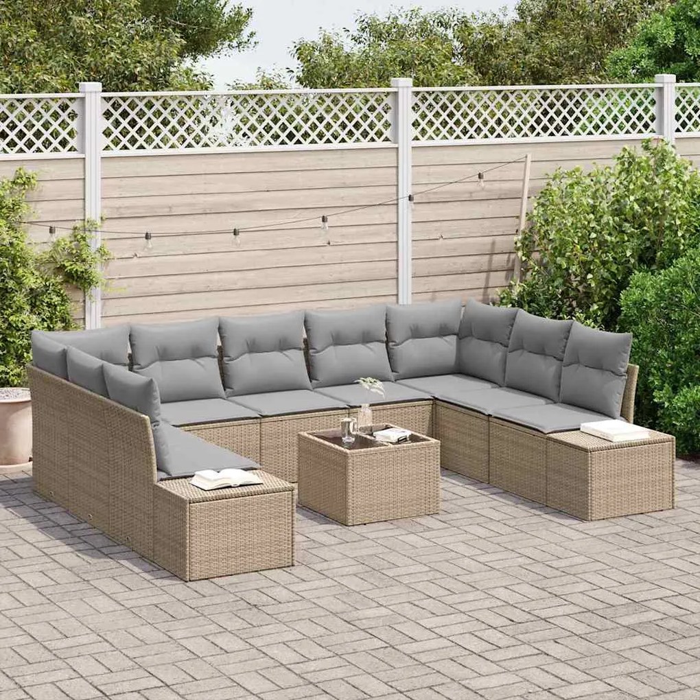 Conjunto de Sofá de Jardim de 10 Peças com Almofadas Pretas em Rattan