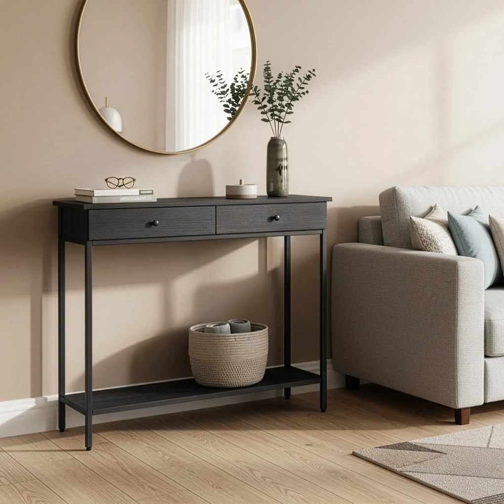 Mesa consola com 2 gavetas 30 x 80 x 100 cm para sala de estar ou hall de entrada, antracite, preto