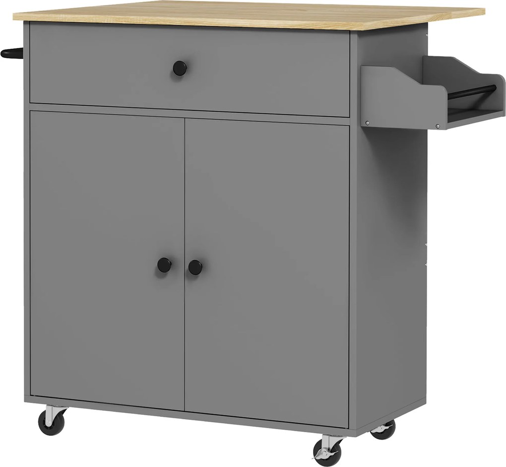 HOMCOM Ilha de Cozinha Carrinho de Cozinha Móvel Auxiliar de Jantar com Rodas com Lateral Dobrável 106x42x87 cm Cinza e Carvalho | Aosom Portugal