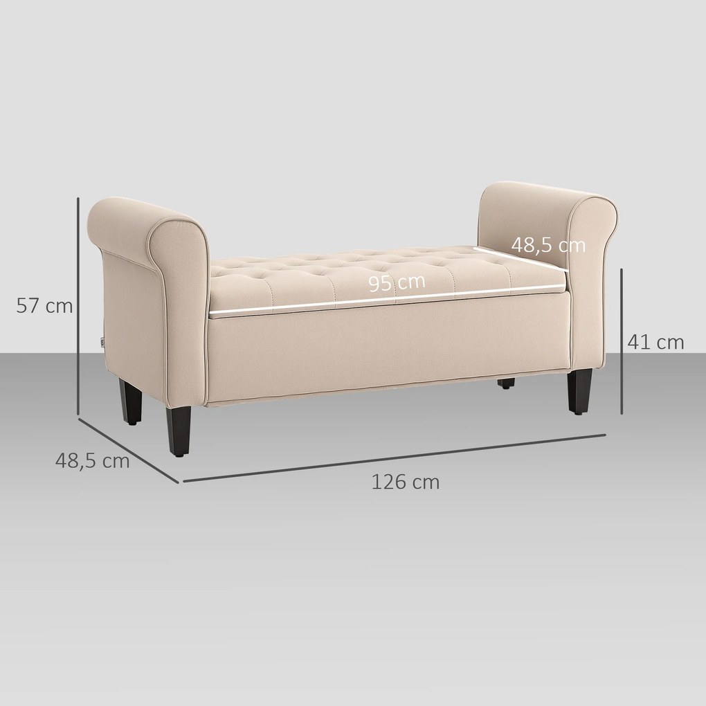 Banco para o Fundo da Cama com Arrumação, 126 x 48,5 x 57 cm, Design Capitonado, Bege