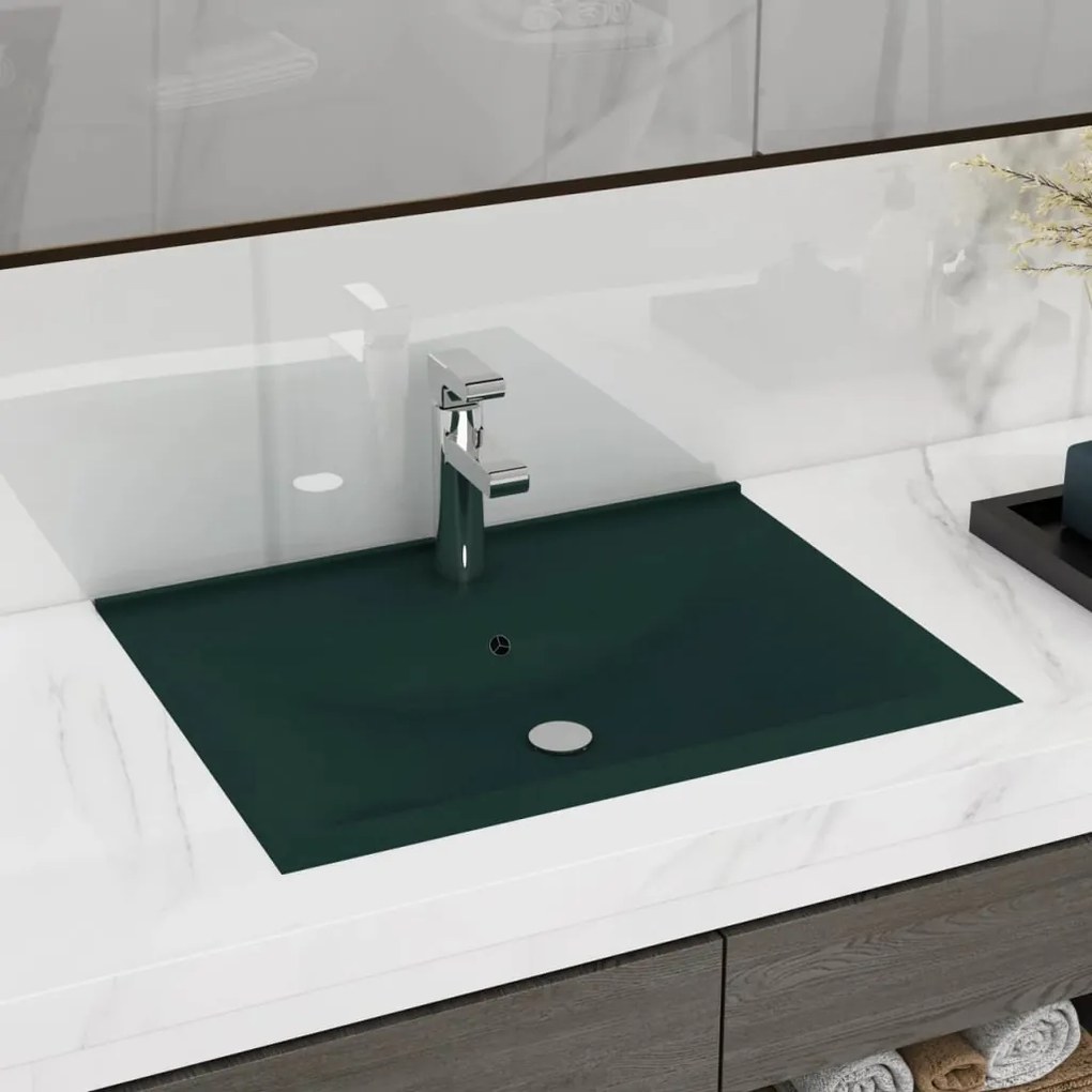 147025 vidaXL Lavatório orifício torneira 60x46 cm cerâmica verde-escuro mate