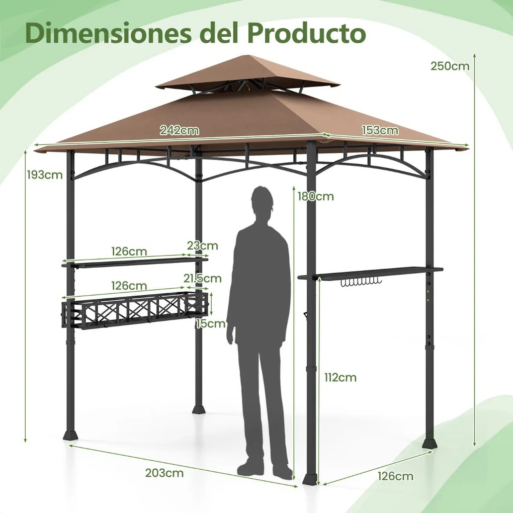 Pergula tenda para churrascos 242 x 153 cm com 2 prateleiras laterais, cesto, ganchos, abridor de garrafas, estrutura de metal para jardim ou pátio Ca