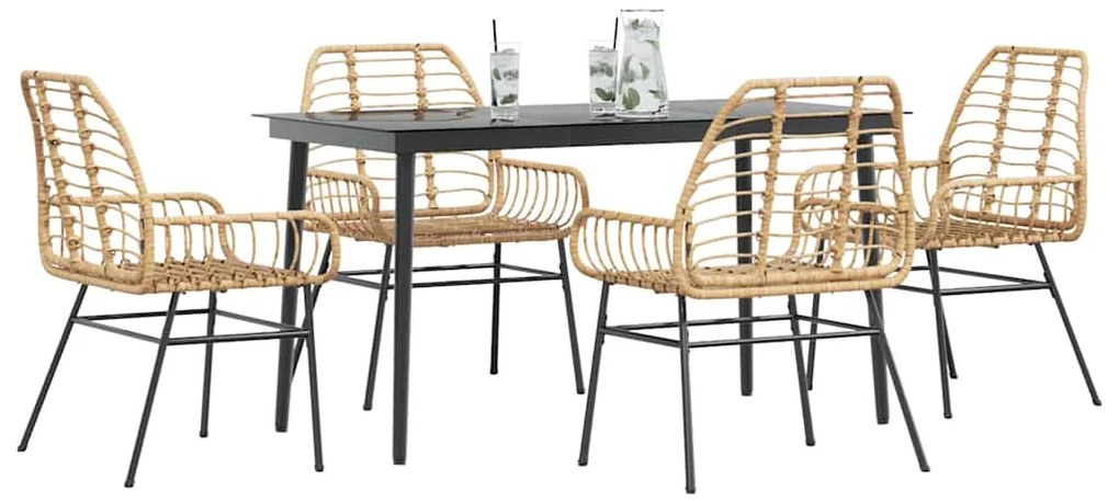 Conjunto jantar jardim 5 peças vidro vime PE castanho