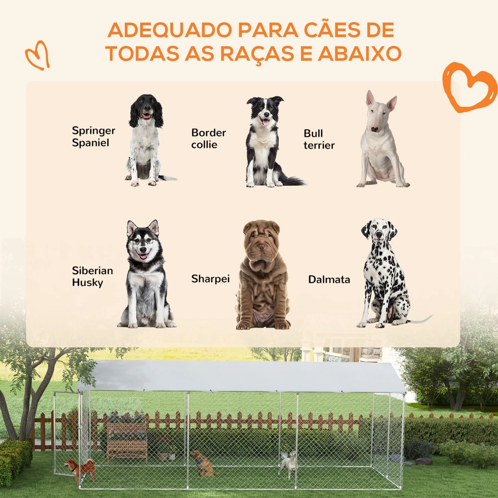 Canil de Exterior para Cães Parque para Cães com 1 Porta Estrutura de Aço Toldo Impermeável e Anti-UV 600x230x230 cm Prateado