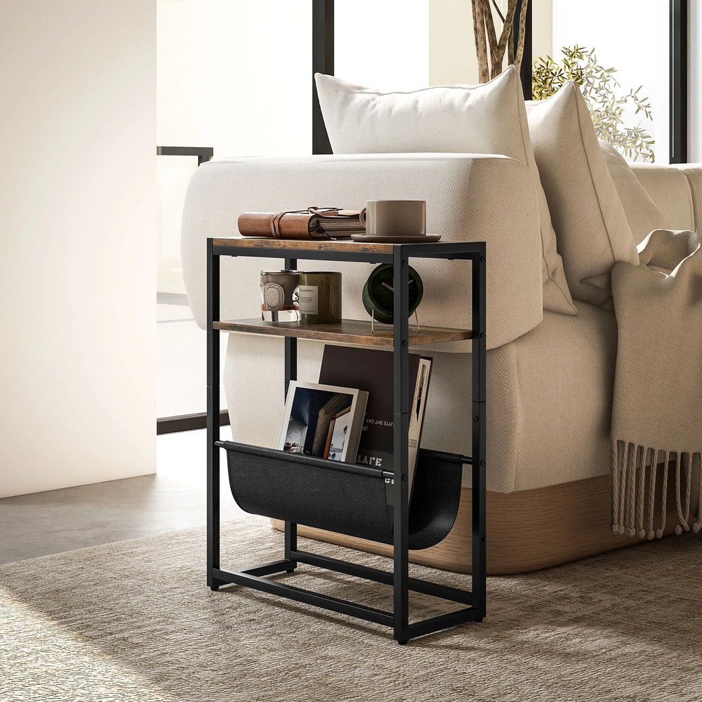Mesa de apoio com prateleira e porta-revistas, estrutura em aço, design industrial - 43 x 18 x 56 cm