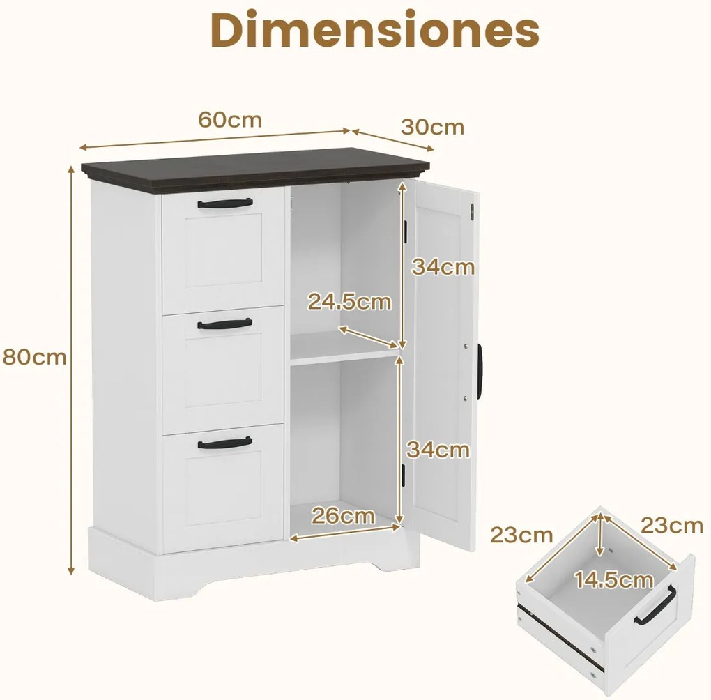 Aparador estilo rústico 60 x 30 x 80 cm com porta de celeiro e 3 gavetas de armazenamento Branco + Castanho