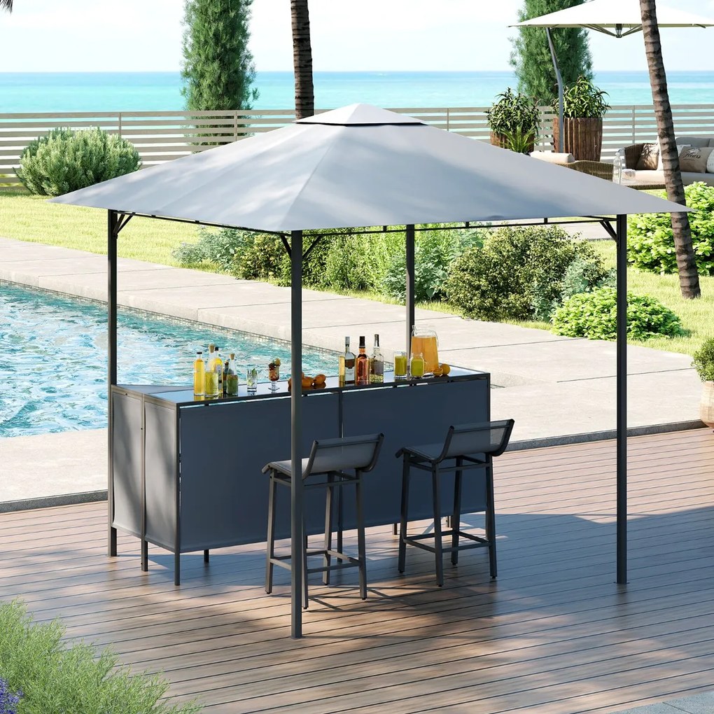 Conjunto de Tenda bar para jardim 245 x 245 x 243 cm com 3 peças com 2 bancos de bar Mesa de bar em vidro temperado Estante de armazenamento Cinza