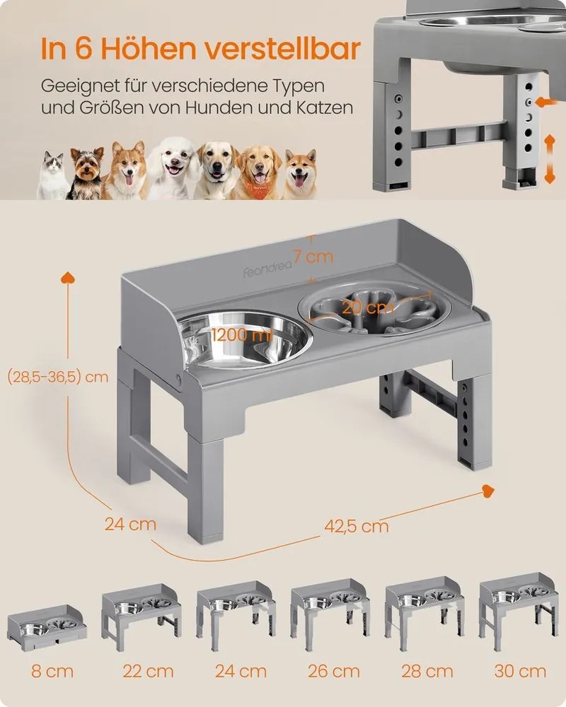 Comedouro elevado para cães com suporte ajustável 42,5 x 24 x (28,5-36,5) cinzento