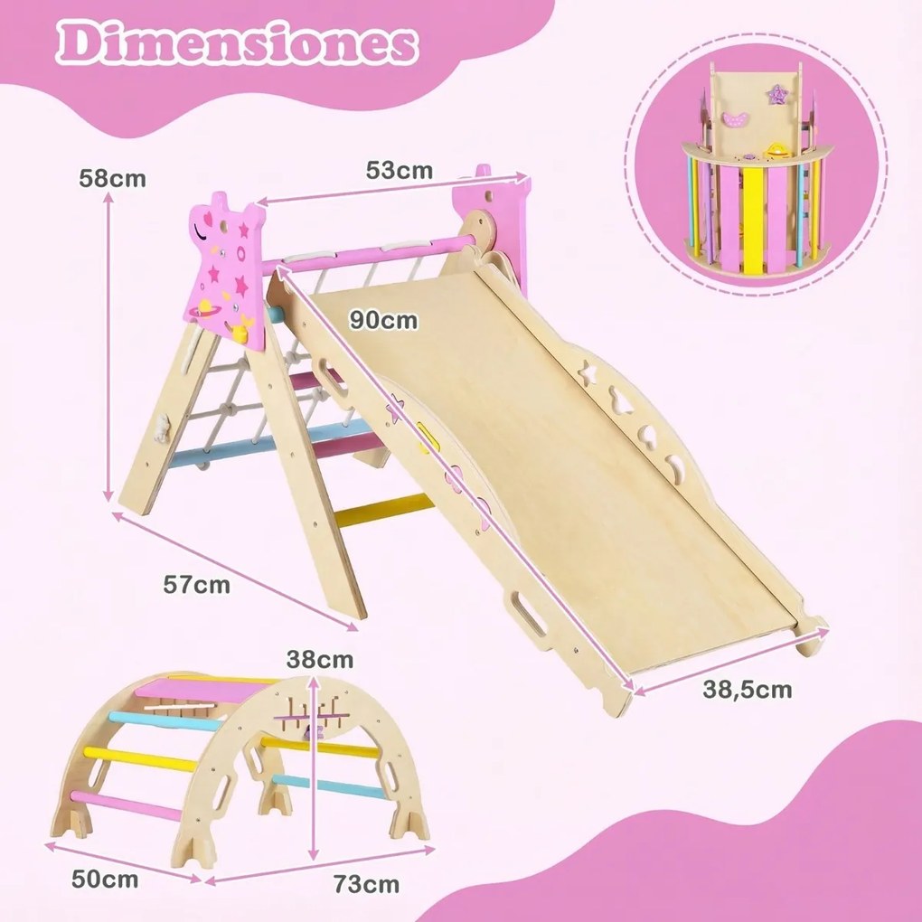 Triângulo para crianças Unicórnio Ginásio de Interior com Arco, Rampa e Escada Dobrável em Madeira Montessori para Quarto de Crianças e Creche - Rosa