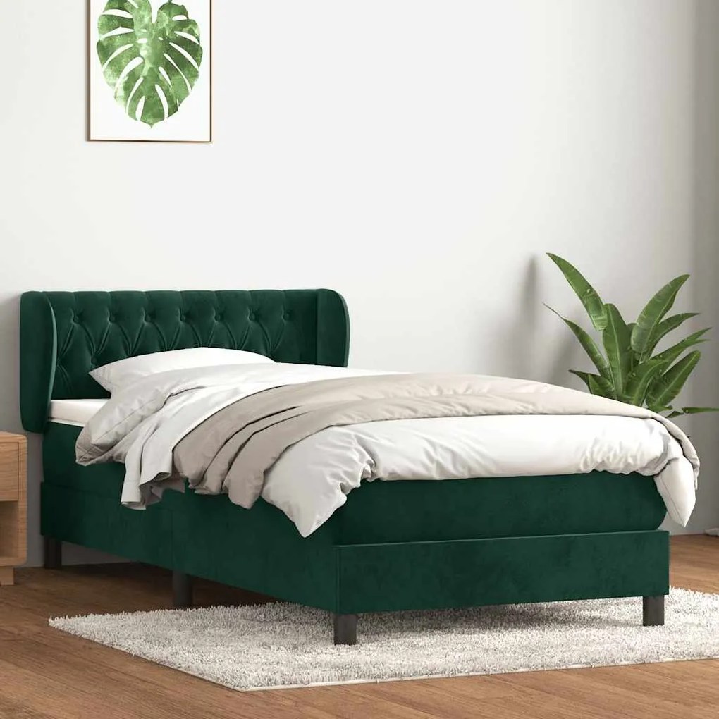 vidaXL Cama com molas/colchão 100x220 cm veludo verde-escuro