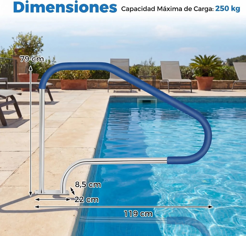 Conjunto de 2 corrimões de piscina em aço inoxidável com capa antiderrapante e base de instalação rápida para interior e exterior