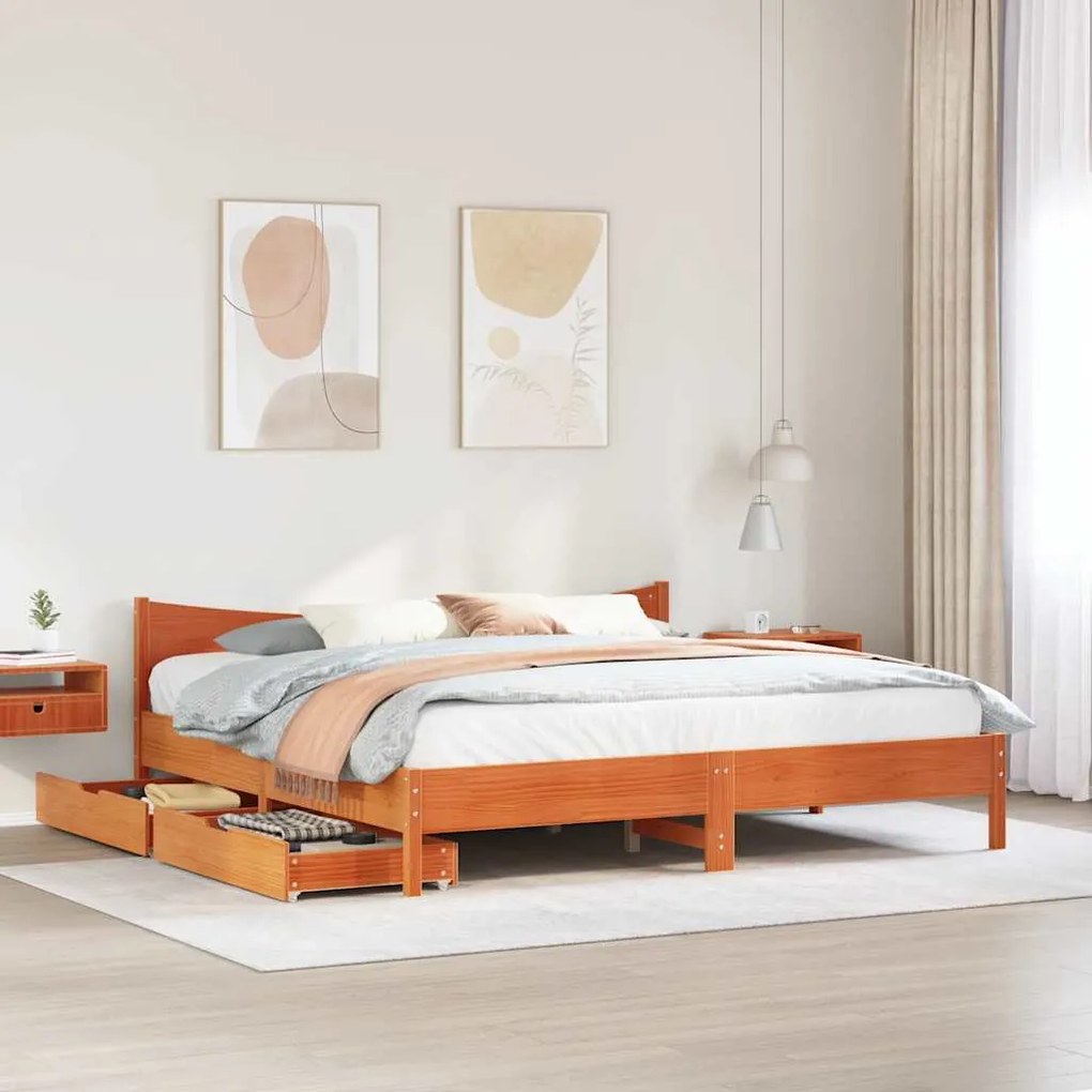 Estrutura cama c/ gavetas 200x200 cm pinho maciço castanho-mel