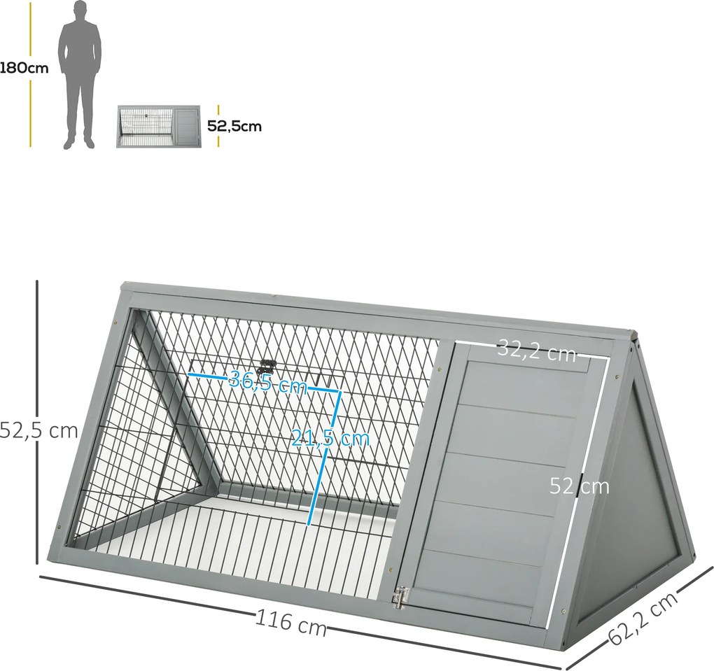 Gaiola triangular para o chão 116 C x 62,2 L x 52,5 A, recinto exterior com dois compartimentos abertos e porta, adequada para coelhos, galinhas e tar