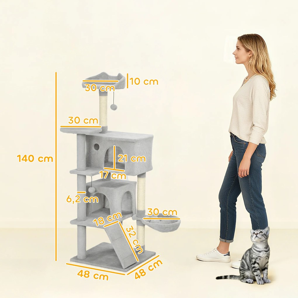 Arranhador para Gatos com Múltiplas Plataformas Cama 2 Cavernas Rede Escada Postes de Sisal 48x48x140 cm Cinzento Claro