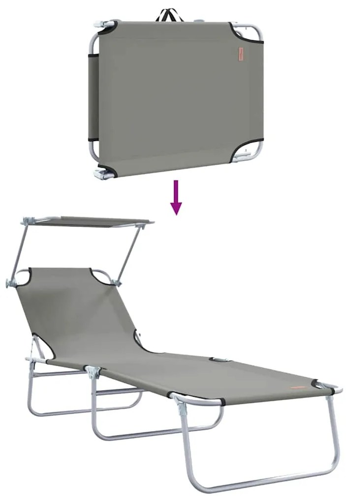 Espreguiçadeiras dobráveis 2 pcs com toldo em tecido Oxford cinza 600D