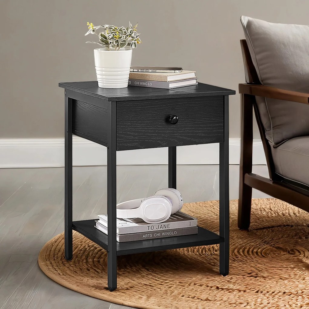 Mesa lateral, mesa cabeçeira com gaveta e prateleira 40 x 40 x 55 cm em preto