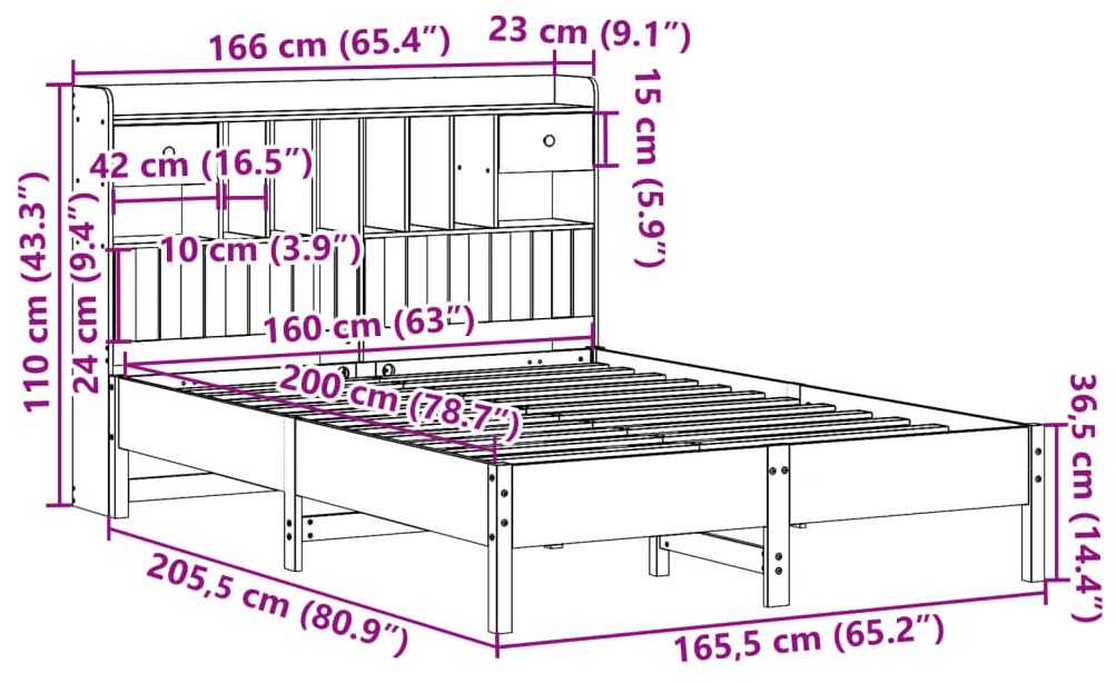 Cama com estante sem colchão 160x200 cm pinho maciço