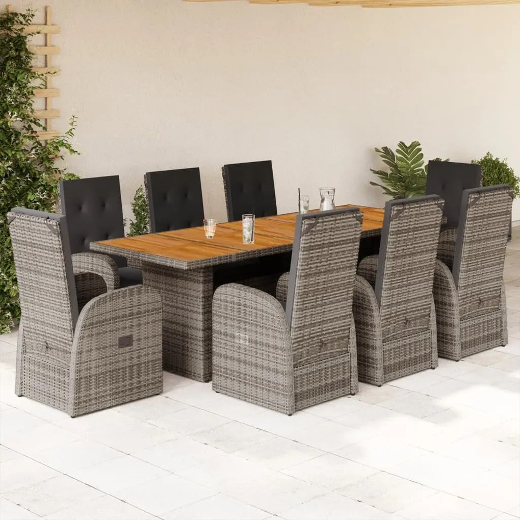 vidaXL 9 pcs conjunto de jantar p/ jardim c/ almofadões vime PE cinza