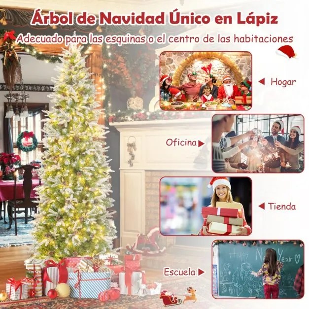 Árvore de Natal estreita pré-iluminada de 225 cm com 350 luzes LED Neve simulada 913 ramos articulados 75 pinhas Verde+Branco