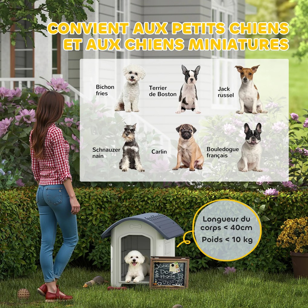 Casota para cães de exterior de plástico 71 x 60 x 63 cm com piso elevado e removível, telhado impermeável, cinzento
