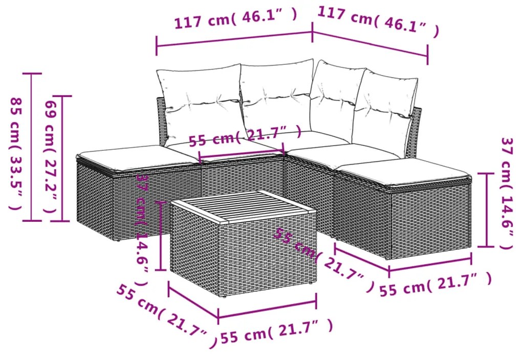 6 pcs conj. sofás jardim c/ almofadões vime PE bege misturado
