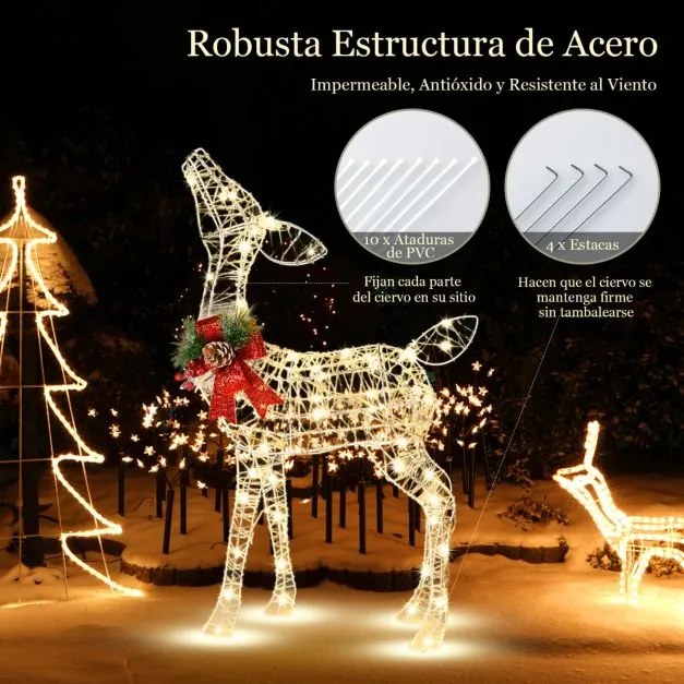 Rena de natal pré-iluminado pequeno com 50 luzes LED e 4 estacas de fixação para interiores e exteriores