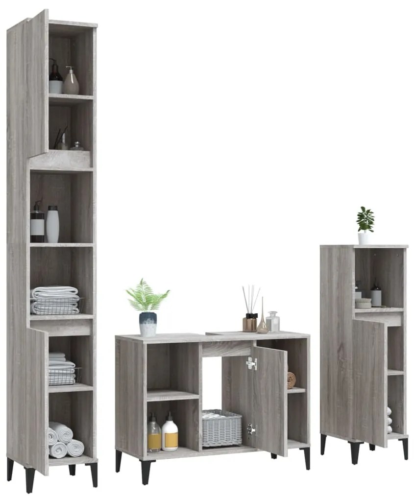3 pcs Conjunto móveis casa de banho madeira proc. cinza sonoma