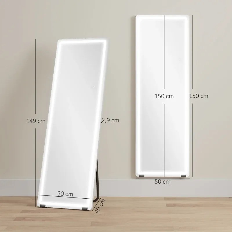 Espelho Pé de Corpo Inteiro com Luzes 150x50 cm Sem Moldura 3 Temperaturas de Cor Brilho Ajustável Transparente