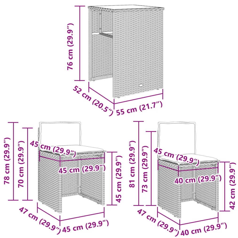 3 pcs conjunto bistrô com almofadões vime PE cinza
