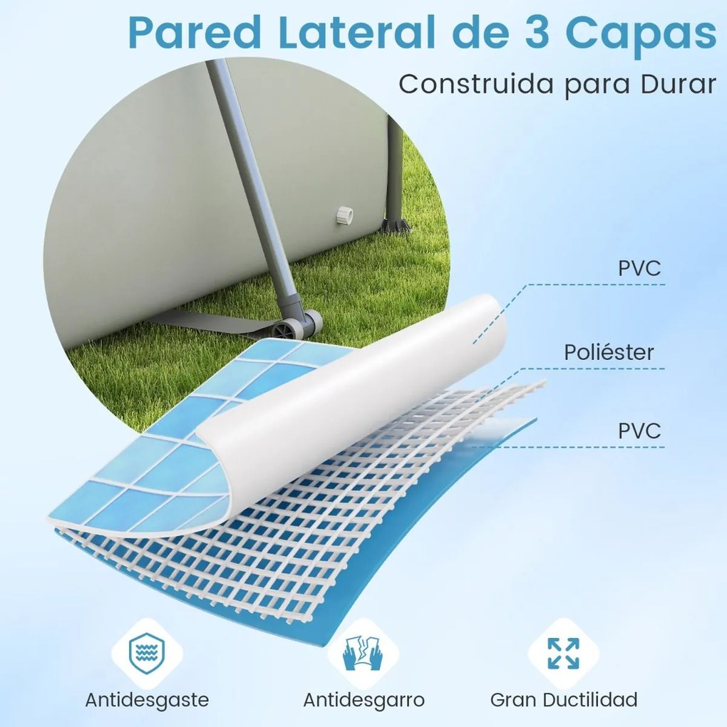 Piscina 300 cm x 207 cm x 66 cm Retangular com Bomba de Filtro Cartucho e Estrutura para Crianças e Adultos Cinza