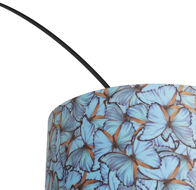 Candeeiro de Arco Preto com Abaajur de Veludo Desenho Borboleta Dourado 50 cm - XXL Moderno