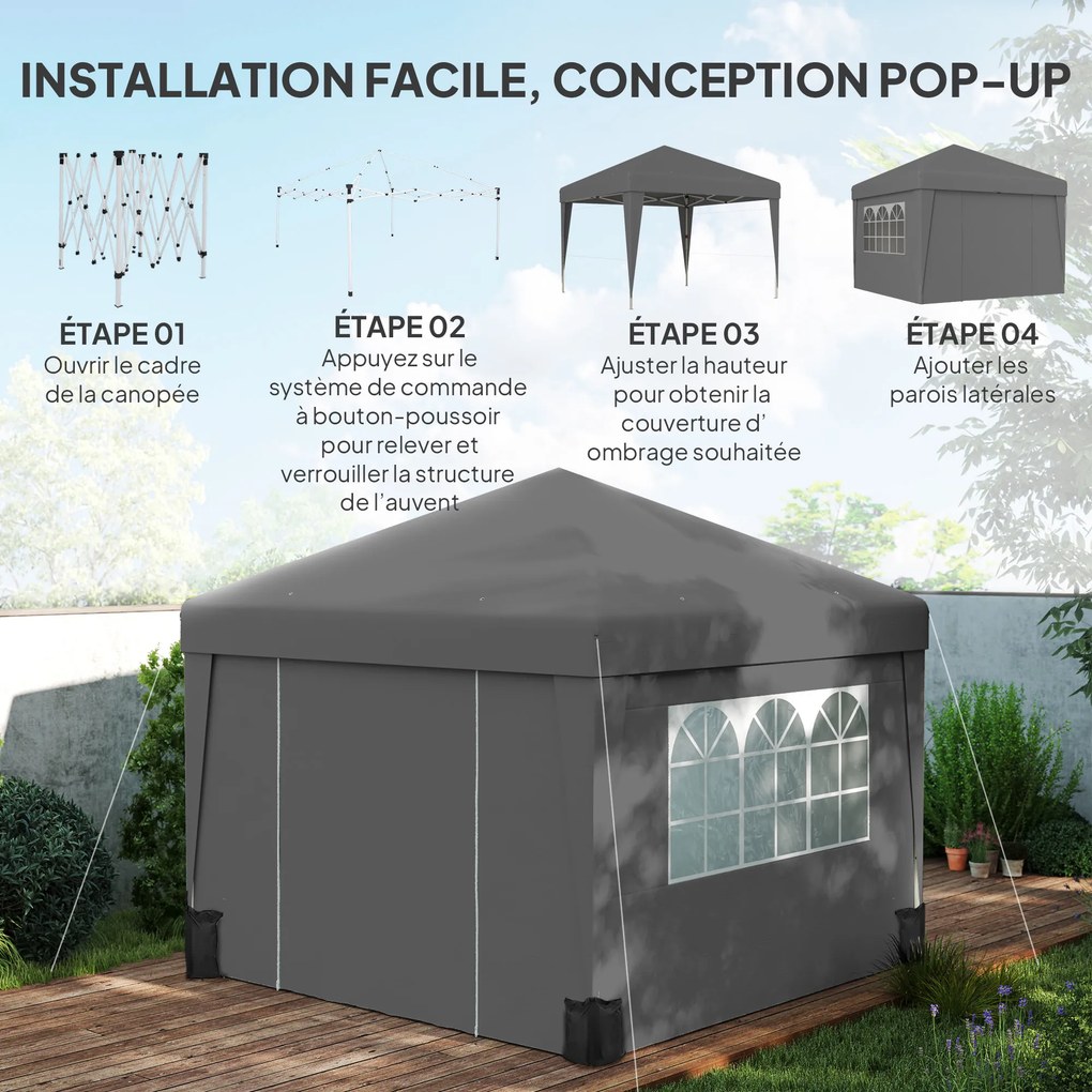 Tenda de jardim dobrável 3 x 3 x 2,75 m com proteção UV 30+ com janelas + paredes laterais + saco de transporte cinzento escuro
