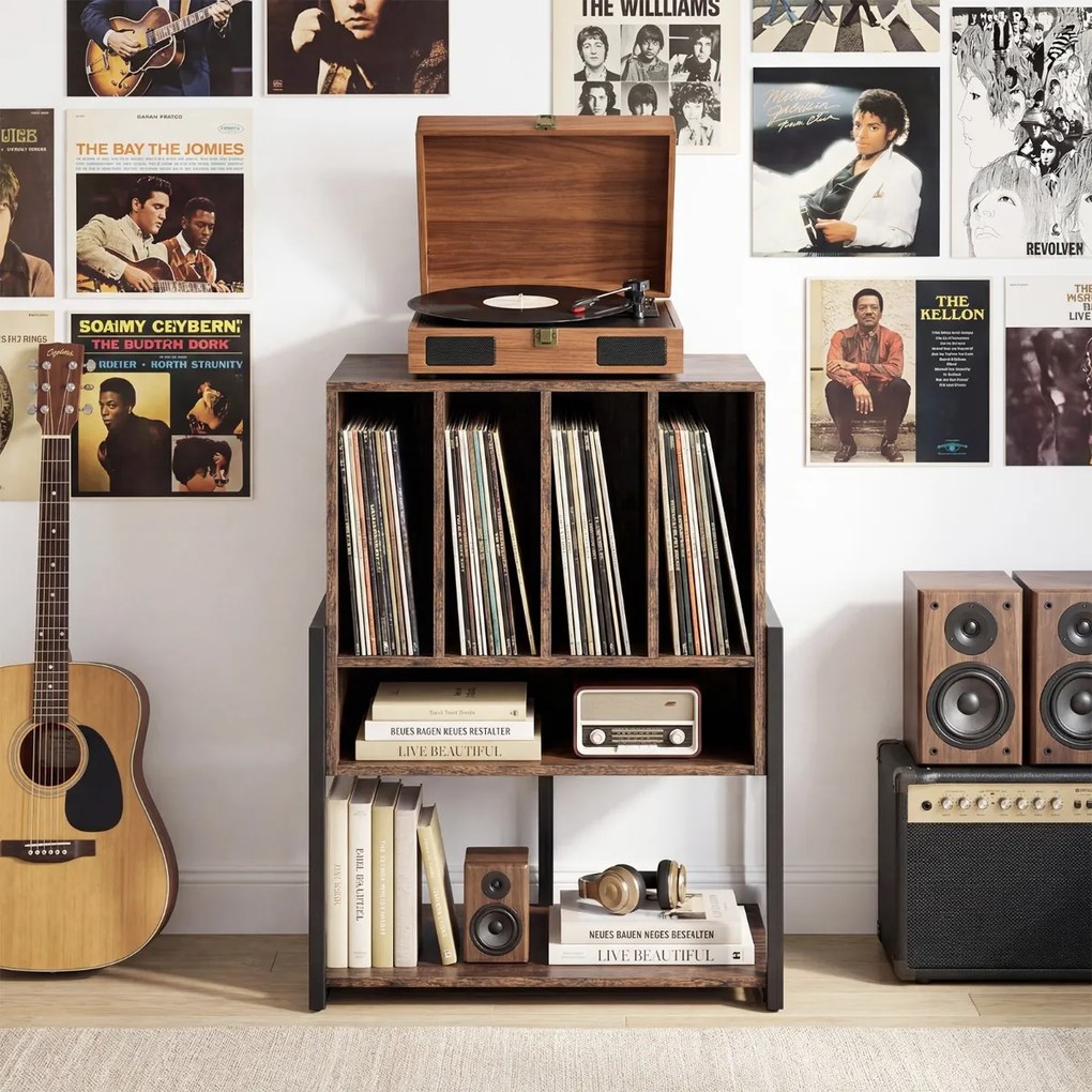 Suporte para gira-discos: 54 x 57 x 76,5 cm prateleira para discos de vinil com pés ajustáveis, estilo industrial, para sala de estar, em castanho rús