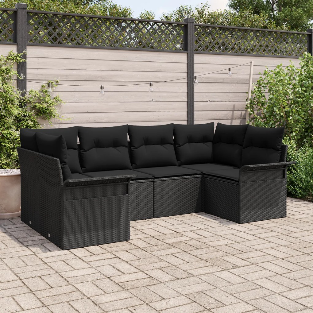 Conjunto de Sofá de Jardim vidaXL 6 Peças com Almofadas Preto Rattan P