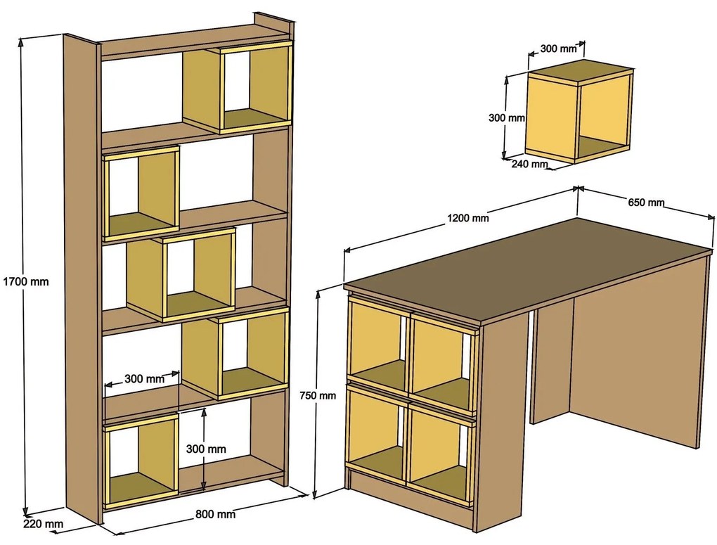 Secretária de Estudo e Estante Box – Nogueira – Secretária: 120x75x65