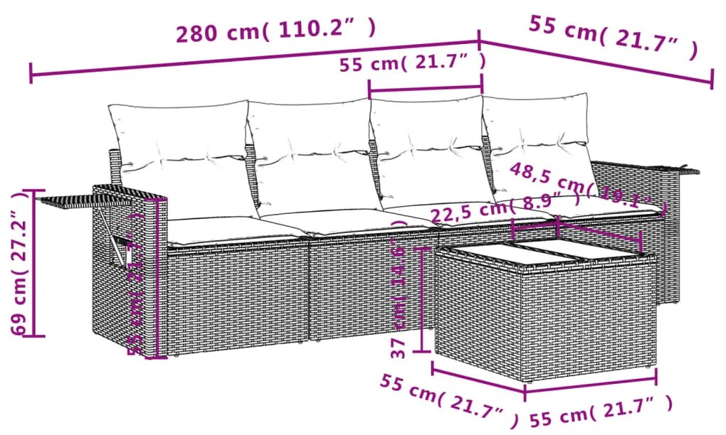 5 pcs conj. sofás jardim c/ almofadões vime PE cinzento-claro