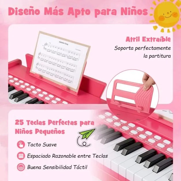 Teclado de piano para crianças 38 x 23 x 27 cm com 25 teclas digital em madeira com velocidade e volume ajustáveis Modo de ensino Rosa