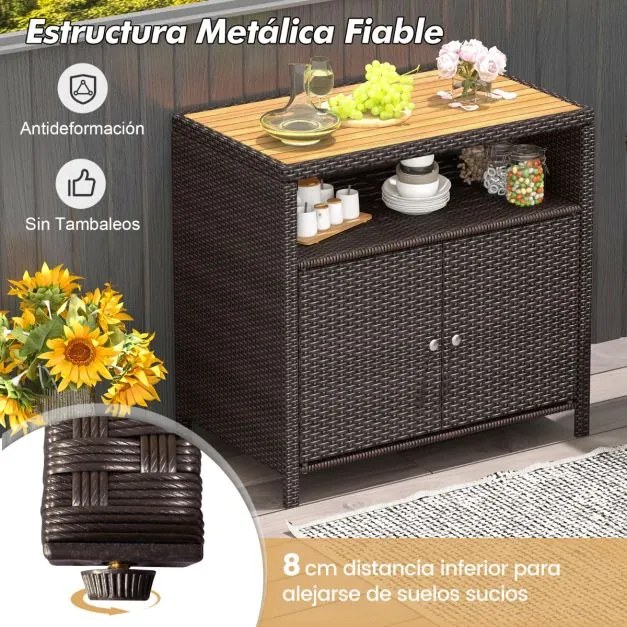 Armário de rattan para exterior 90 x 53 x 86 cm com bancada em madeira de acácia com 2 portas Jardim Terraço Pátio castanho