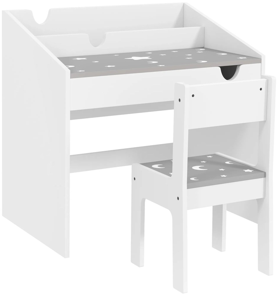 Conjunto de Secretária e Cadeira para Crianças com Gaveta Amovível e Compartimento para Dormitório Sala de Jogos Cinza e Branco
