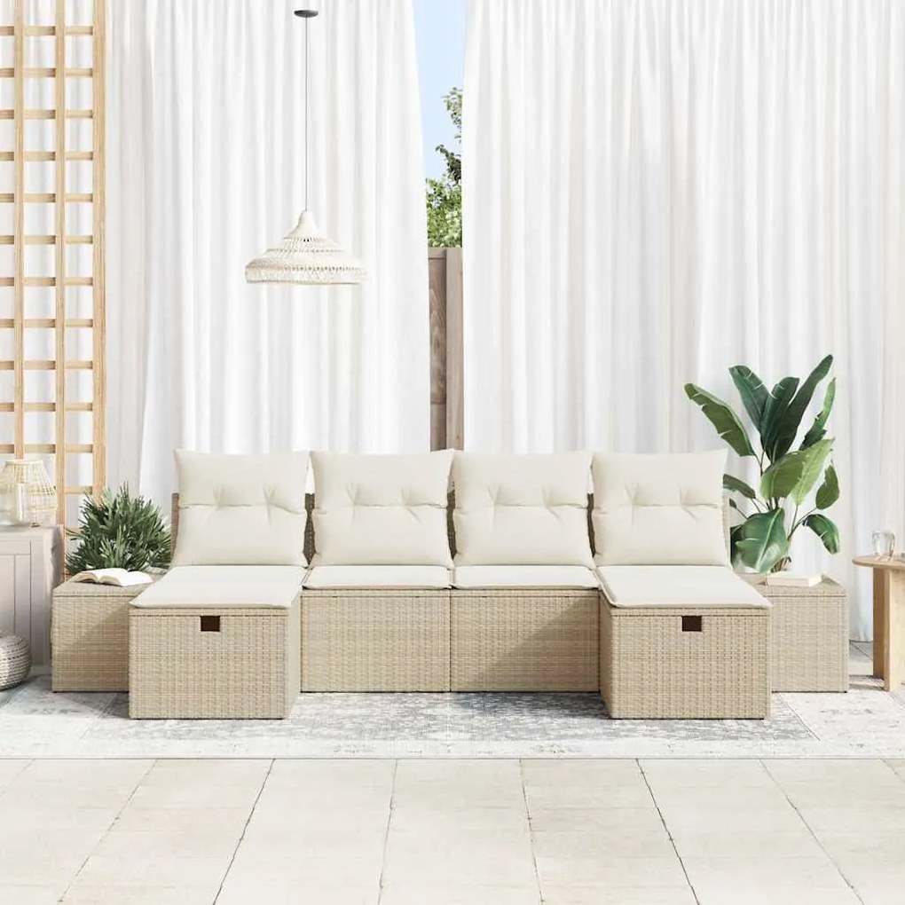 Conjunto de sofá de jardim com 6 peças e almofadas bege em rattan sint