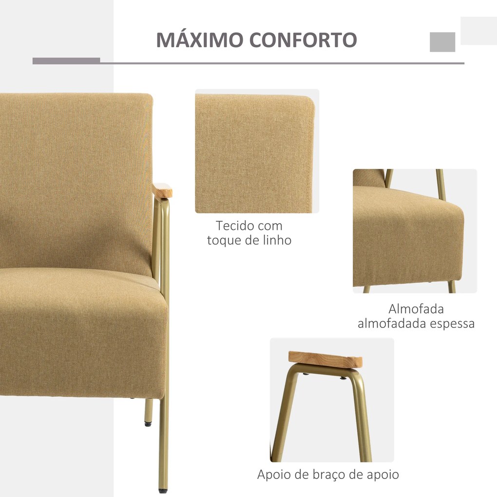 Poltrona Individual com Apoios de Braços Estrutura em Aço Dourado Estilo Moderno para Sala Quarto 62x81x92 cm Castanho