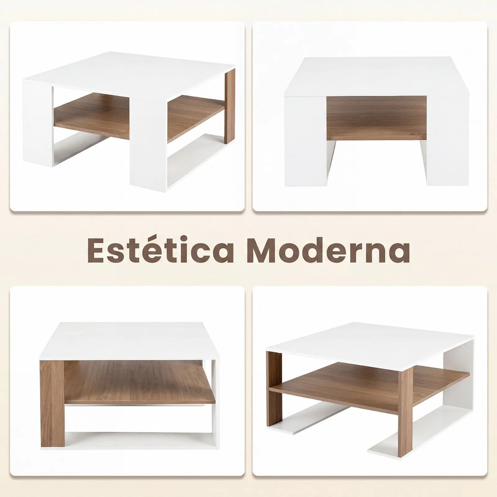 Mesa de Centro, 75 x 75 x 40 cm, Estante Inferior Espaçosa, Natural e Branco
