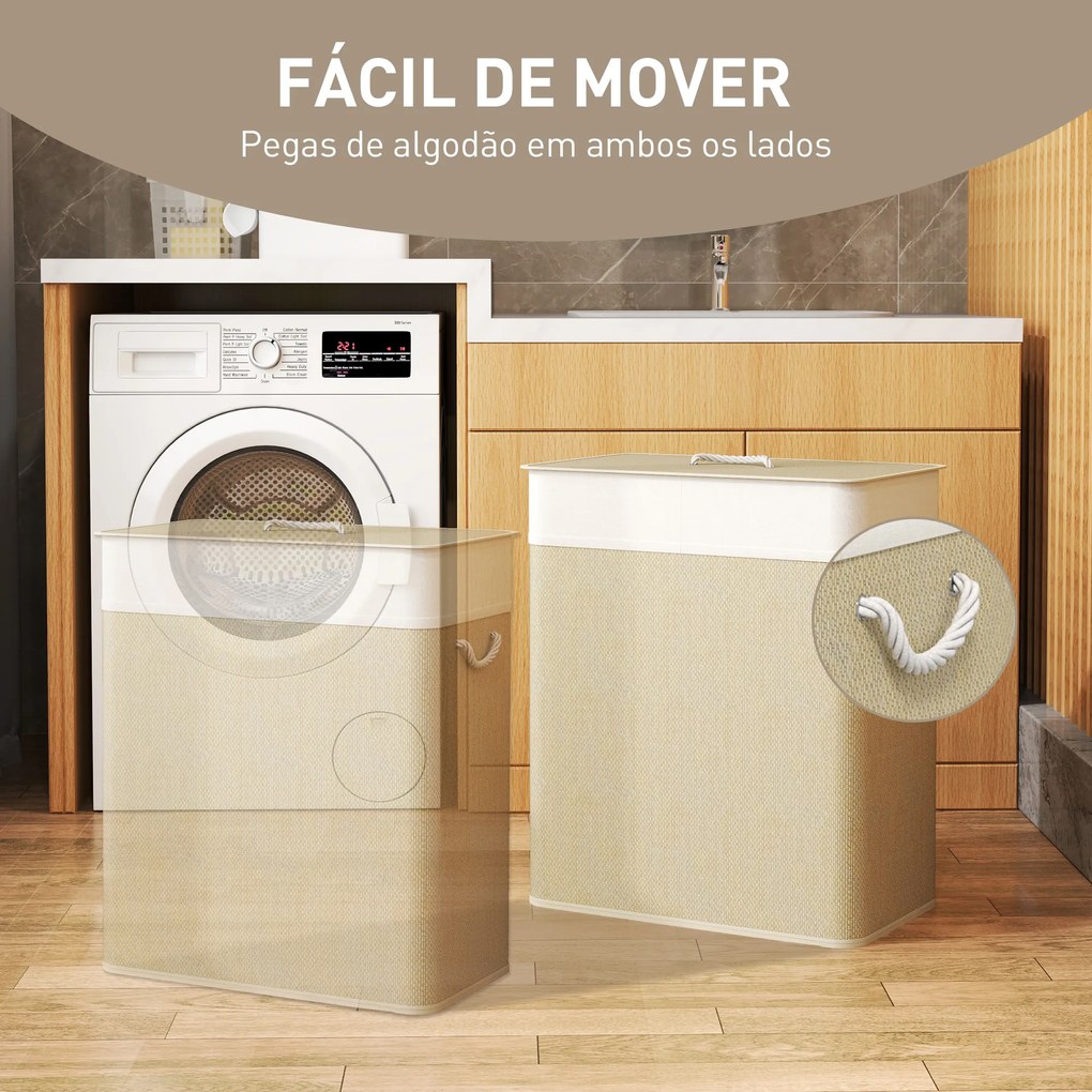 Cesto de Roupa com Tampa 100L de Bambu com 2 Compartimentos Bolsa Interior Amóvivel 52x32x63 cm Bege e Creme