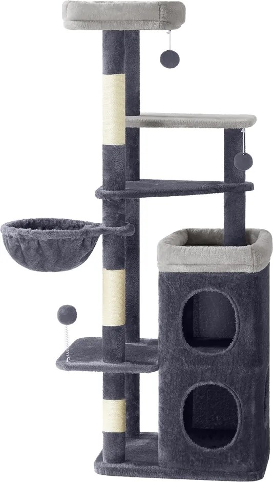Arranhador Gatos 52 x 46 x 150 cm de vários andares com cavidades e recanto para descansar cinzento escuro