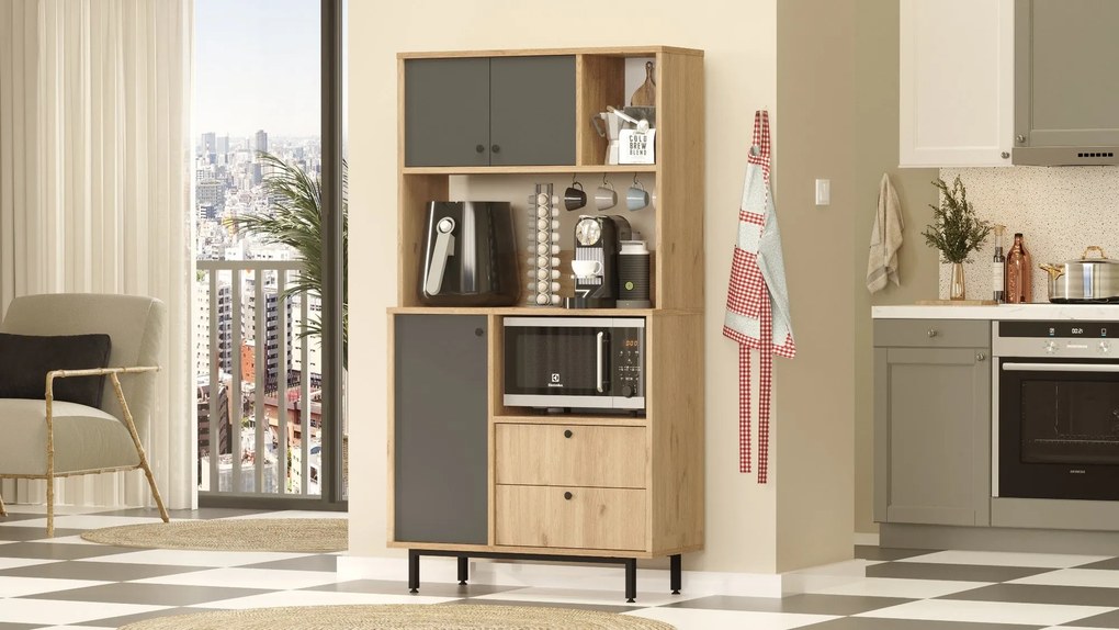 Armário Alto de Cozinha "Toledo" - Carvalho e Antracite- 88x161.2x35.5