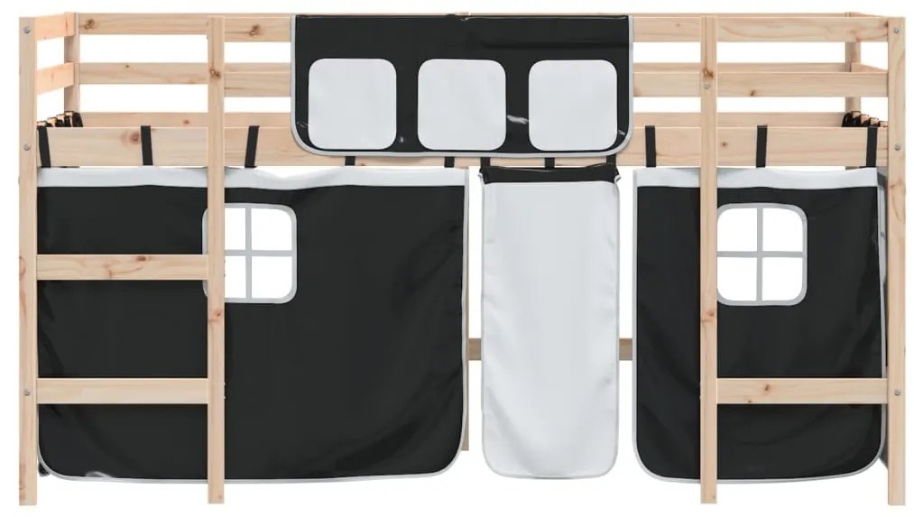 Cama alta criança c/ cortina 90x200cm pinho maciço branco/preto