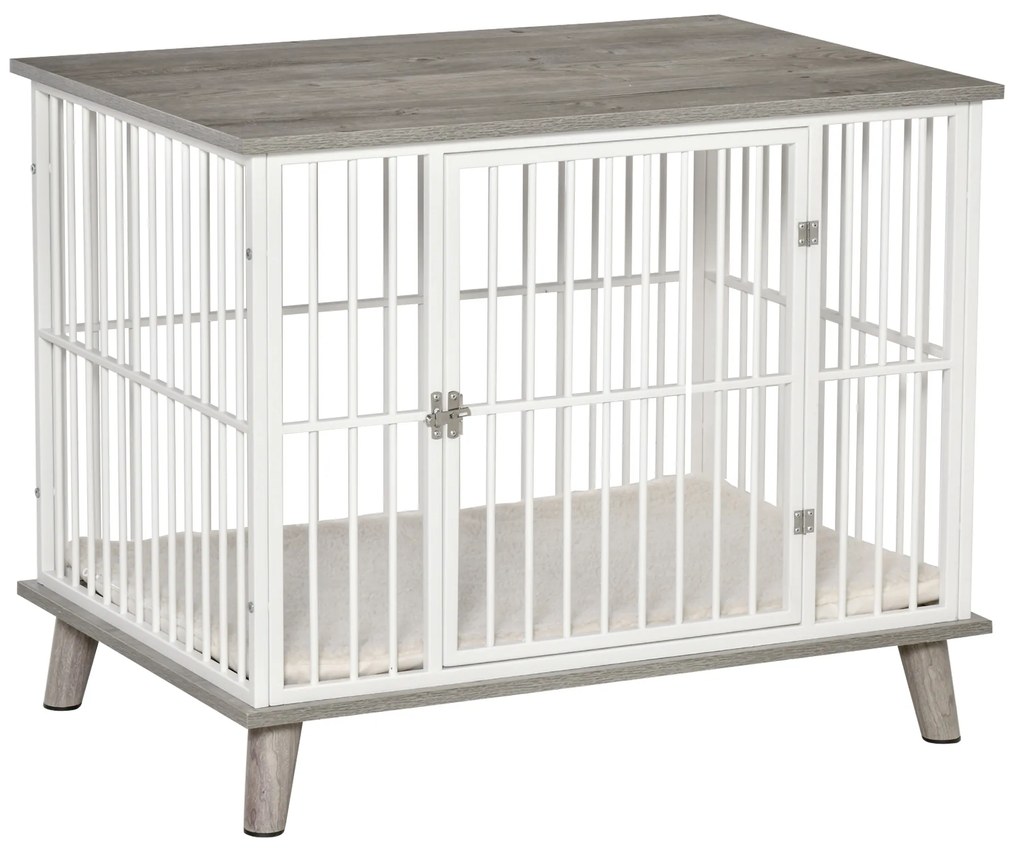 Gaiola para Cães de Madeira 86x60x70cm Gaiola para Cães com Bancada de Armazenamento Porta com Trave Pés Elevados Grade de Aço Branca