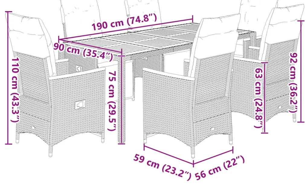 7 pcs conjunto de bistrô p/ jardim c/ almofadões vime PE preto